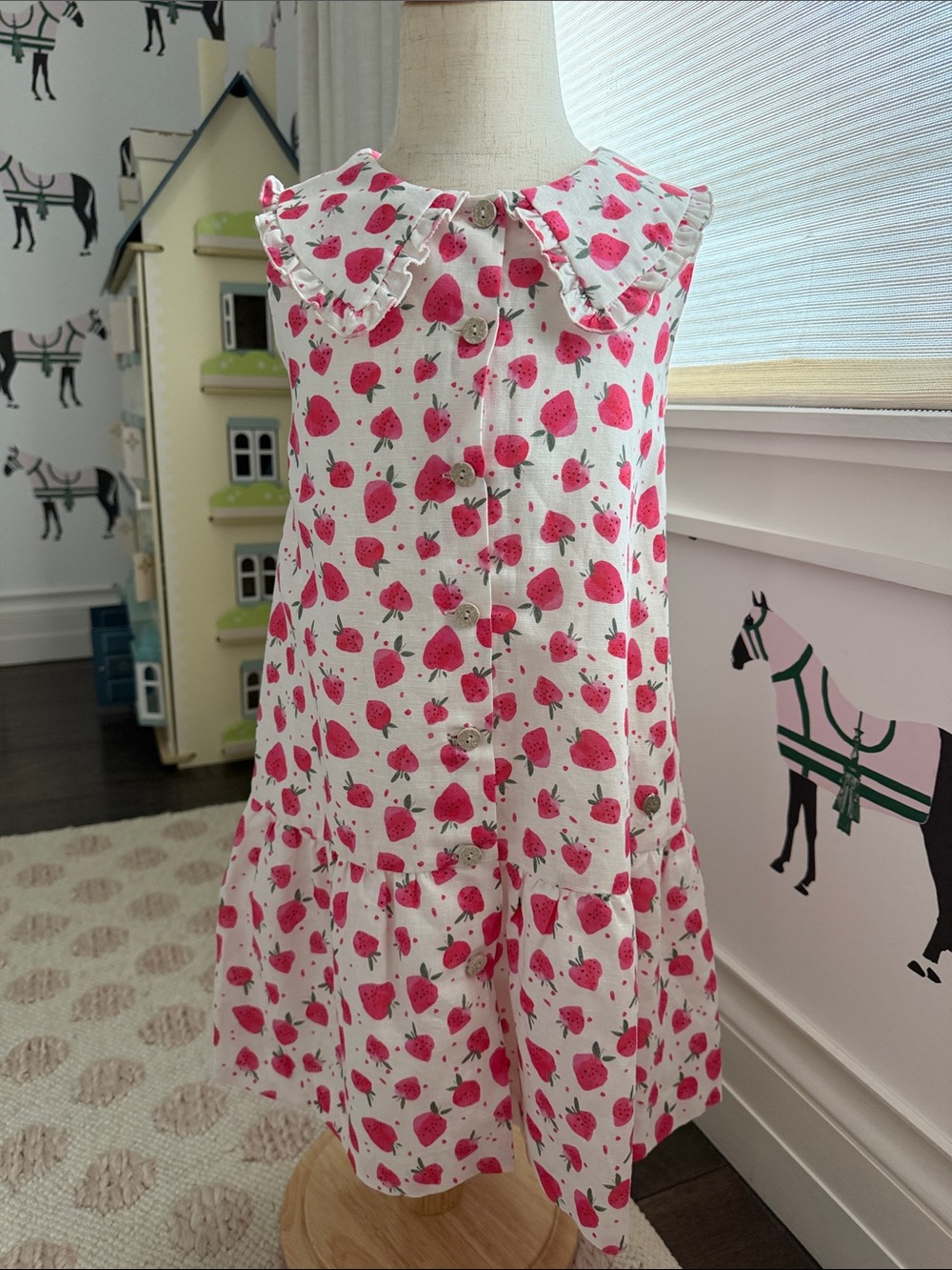 Girls White Dress with Pink Strawberry Print and Ruffled Peter Collar